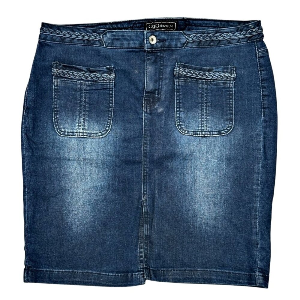 Cato Premium Denim Jean Skirt Size 14 Braided Sanded Knee Length Stretch Y2K